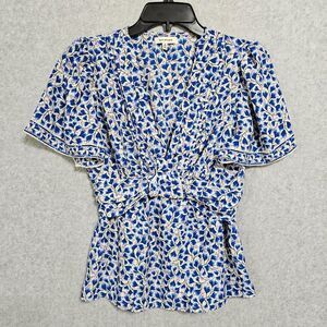Max Studio Blouse Size S Womens Blue Floral Short Sleeve V Neck Casual Top